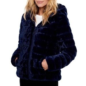 Be Boundless Blue Reversible Faux Fur Jacket Sz XL Quilted Hooded Puffer Coat